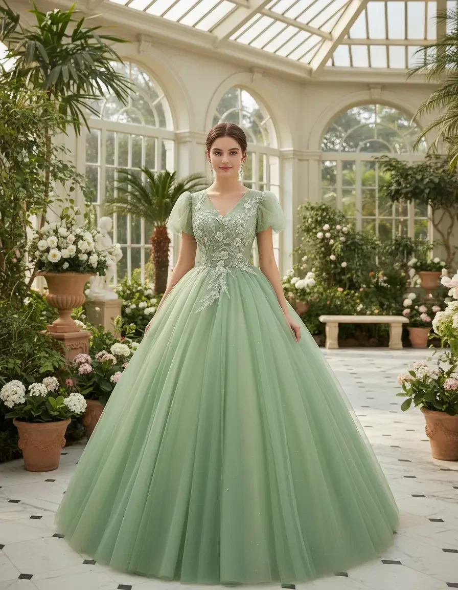 

Elegant Mint Green Puff Sleeve Lace Floral Prom Gown Back Lace Up Quinceanera Princess Ball Evening Dress Free Petticoat