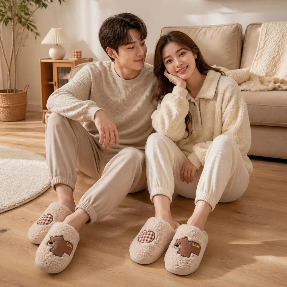 House Shoes Thick Sole Couple Slippers Dog Non-slip Slippers Bear Cartoon Autumn Winter Slippers Couple