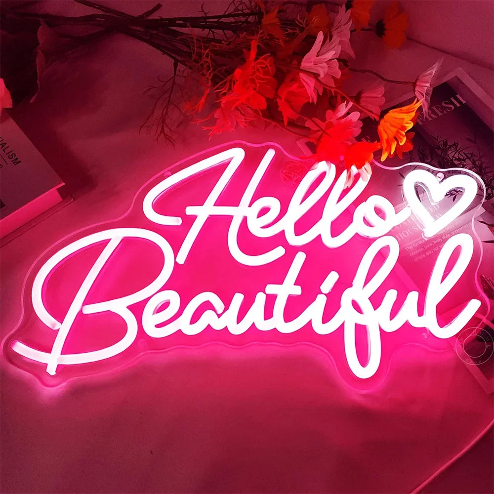 Hello Beautiful Led Neon Light Sign Pink Heart Hello Gorgeous Bedroom Wedding Birthday Party Decor USB Valentines Day Gifts