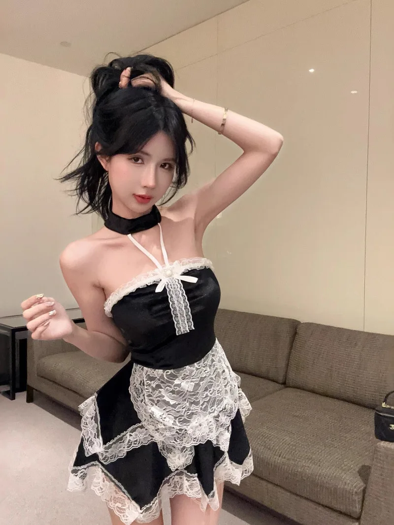 Korean Version Sexy Pure Desire Spicy Girl Hanging Neck Strapless Cinching Waist Irregular Wrap Hip Velvet Short Dress V8BZ