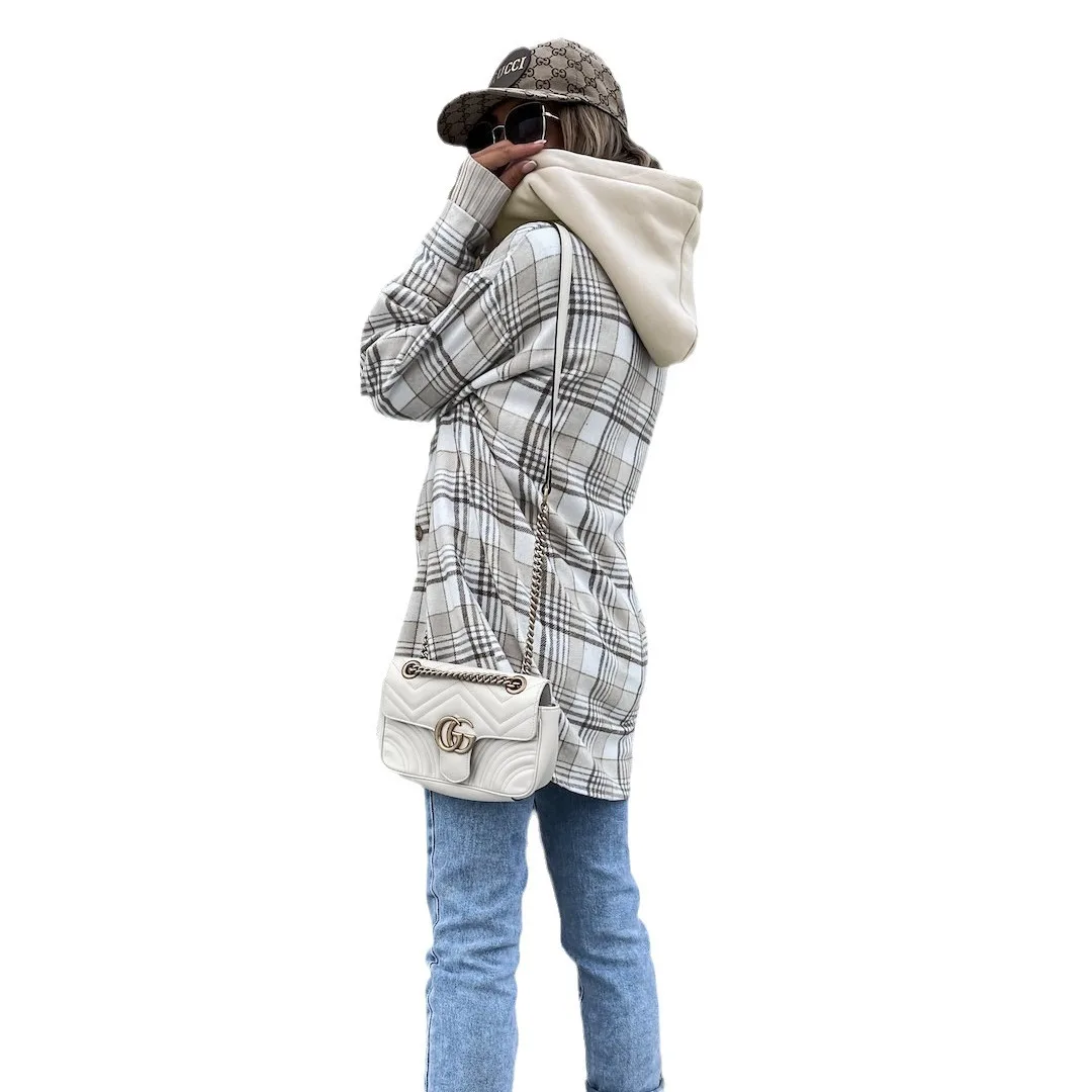 New Autumn and Winter Minimalist Hooded Loose Checkered Button Down Shirt Jacket Veste Femme Coat Women