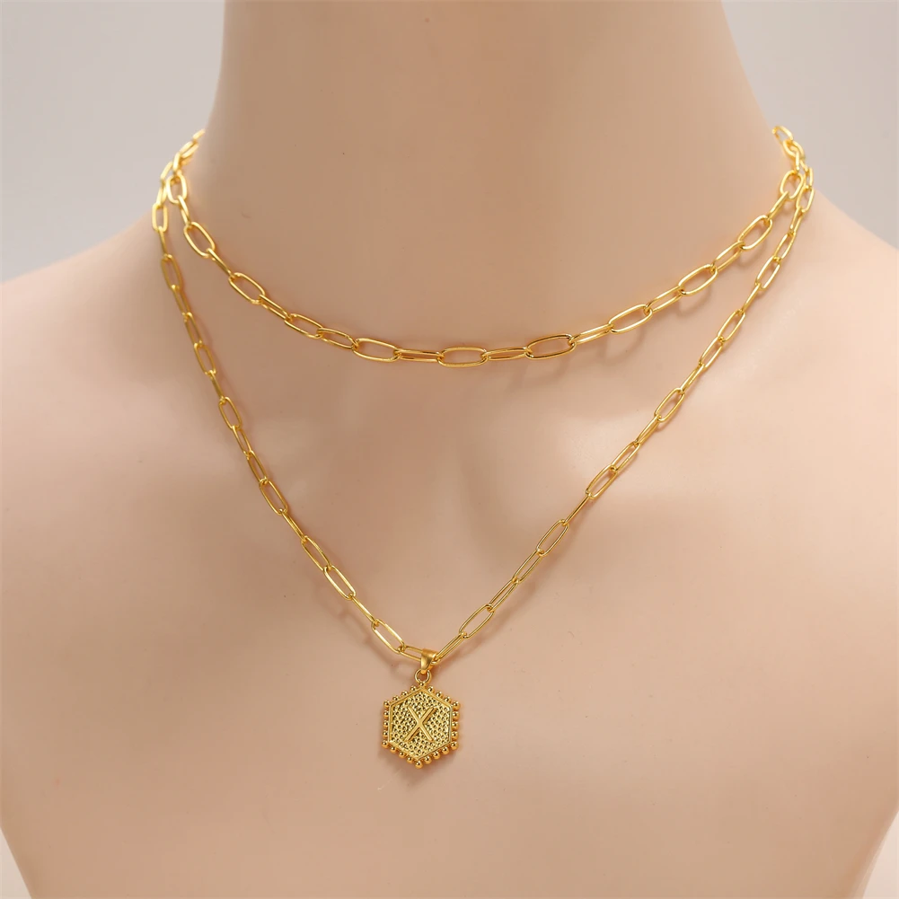 

2025 Hexagon 26 Letter Charm Necklace for Women Retro High-End Simple Clavicle Chain Hollow Bridal Wedding Jewelry Accessories