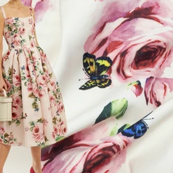 Italian Luxury Brand Polyester Fabric Apricot Bottom Butterfly Hand-painted Flower Printed Fabrics for Dress Clothing Per Meter