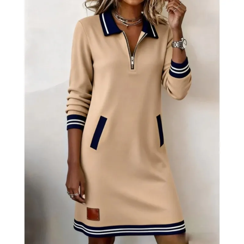 

Striped Design A-line Dress Female Summer Fashion Loose Lapel Long Sleeved Mini Dresses With Pockets Elegant Vestidos For Ladies