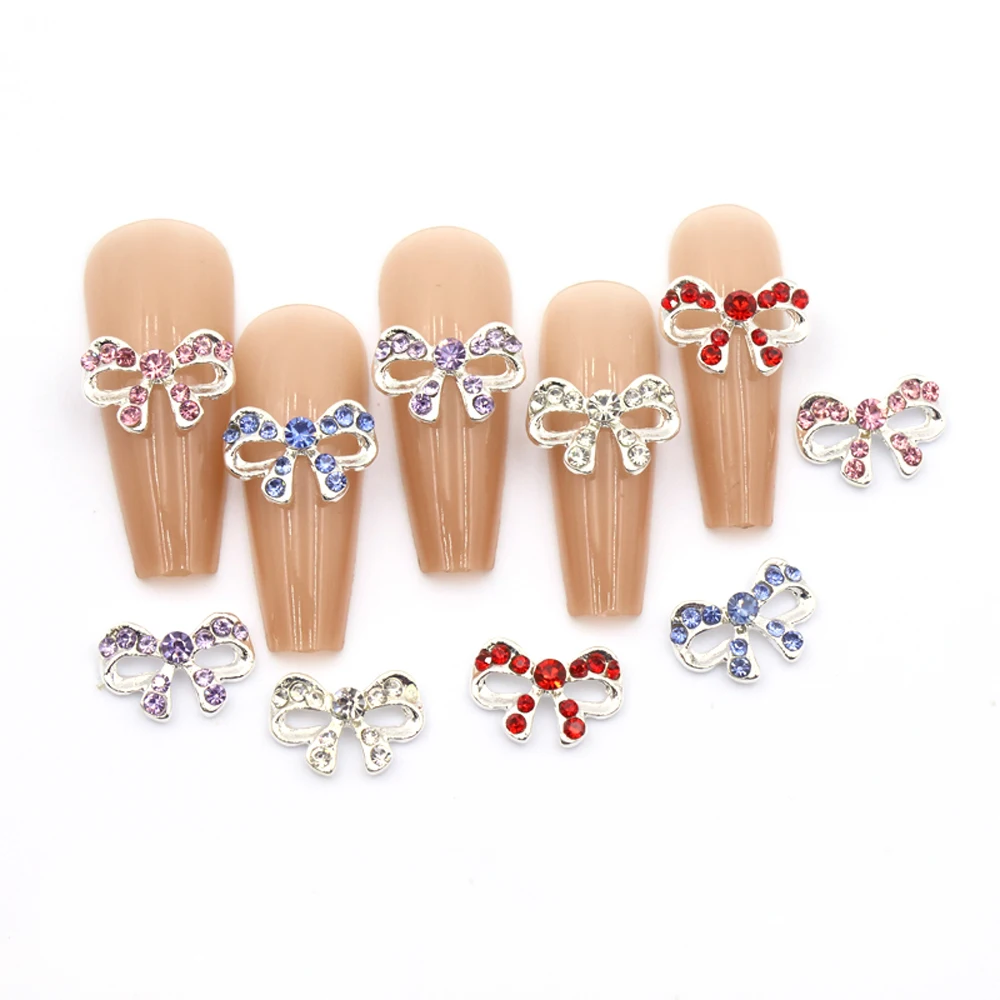 10Pcs Diamond Bow Nail Art Charm 3D Gold Sliver Luxurious Alloy Mini Cute Kawaii Bow Nail Ornament DIY Exquisite Nail Accessorie