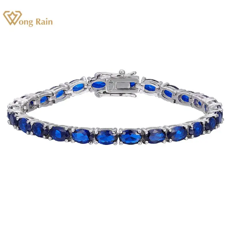 Wong Rain Vintage 100% 925 Sterling Silver Oval Cut Sapphire Gemstone Unisex Basic Bracelet Bangle Fine Jewelry Gift Wholesale