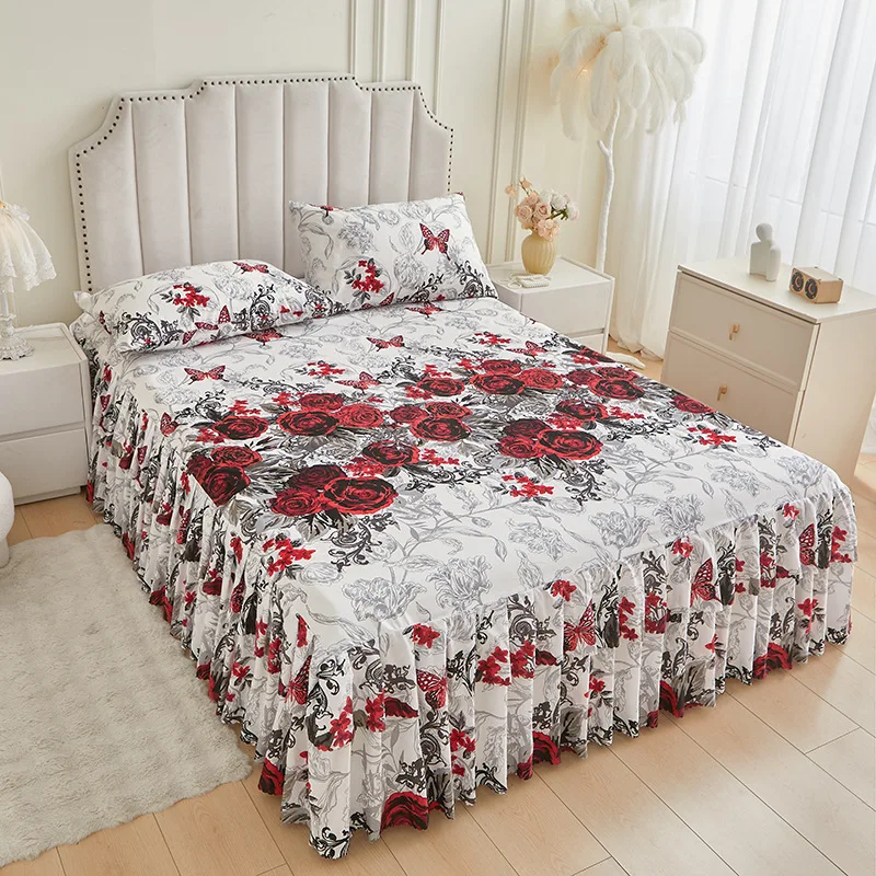 1 Set Polyester-Bettrock, 3-teiliges Set, plissiertes Bettlaken-Set für alle Jahreszeiten, bedruckter Kissenbezug, staubdichte Bettwäsche.