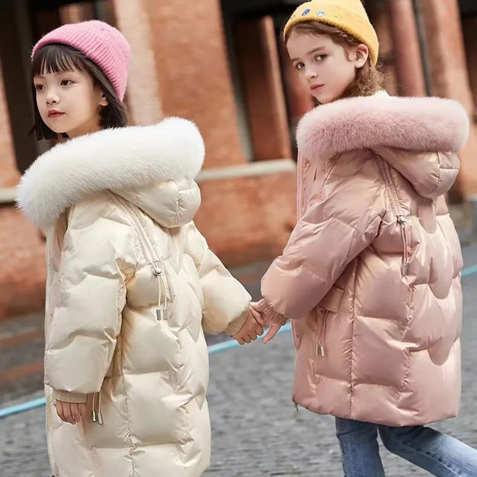 Girls Long Coat Fur Hoodies Cotton Padded Girl Coat Thick Warm Kids Jacket Teenage Kids Clothes