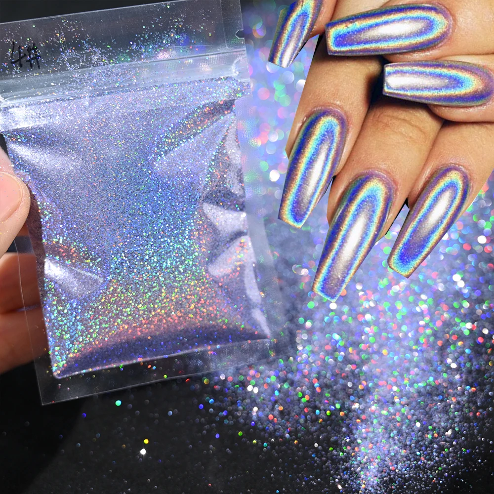 10g/5g Laser Holographic Rainbow Nail Glitter 0.2mm Ultra Fine Sparkly Nail Powder Rub Dust Dazzling Glitter Chrome Pigment