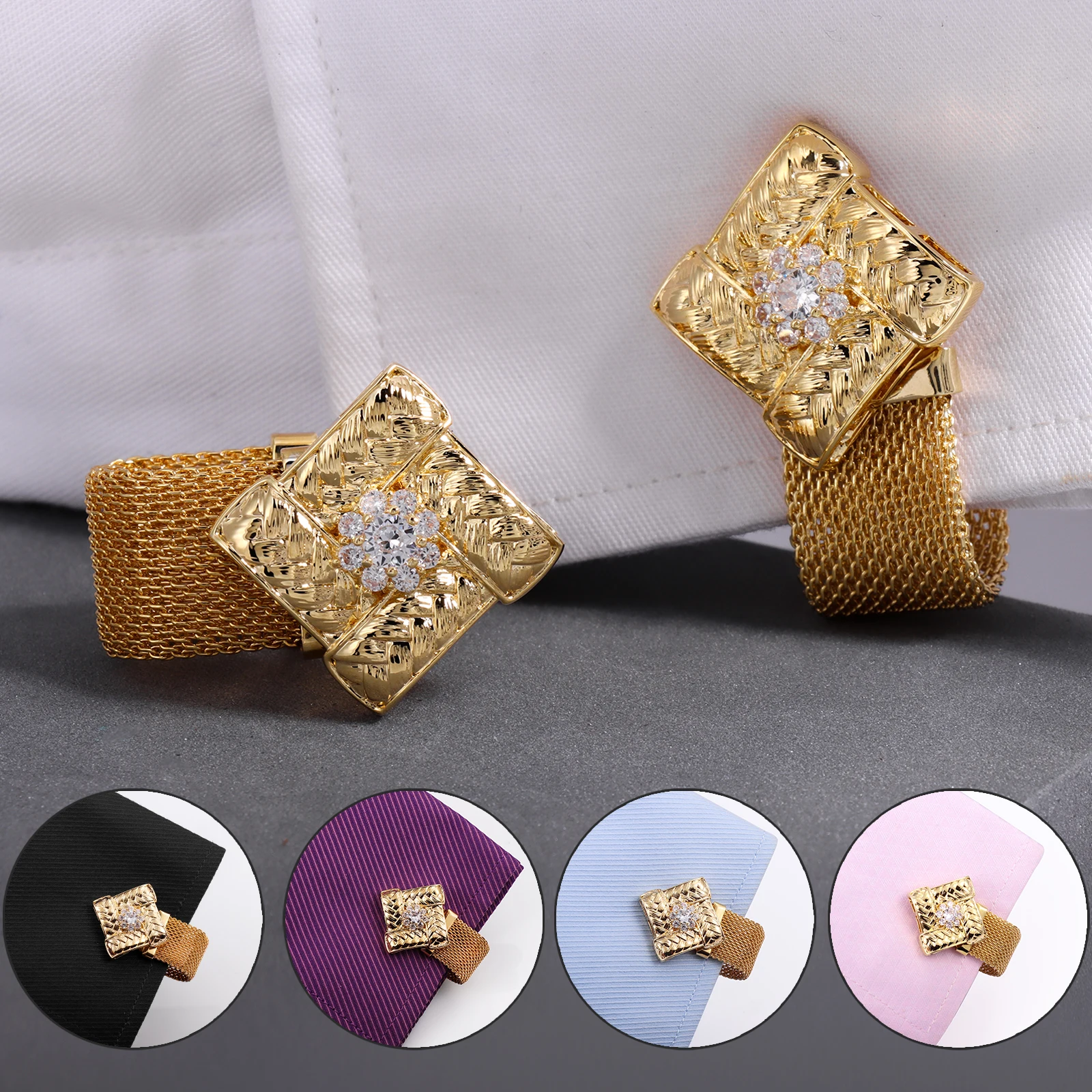 square zircon Cufflinks Set Wi - Dress Shirt French Cuff 评论和价格