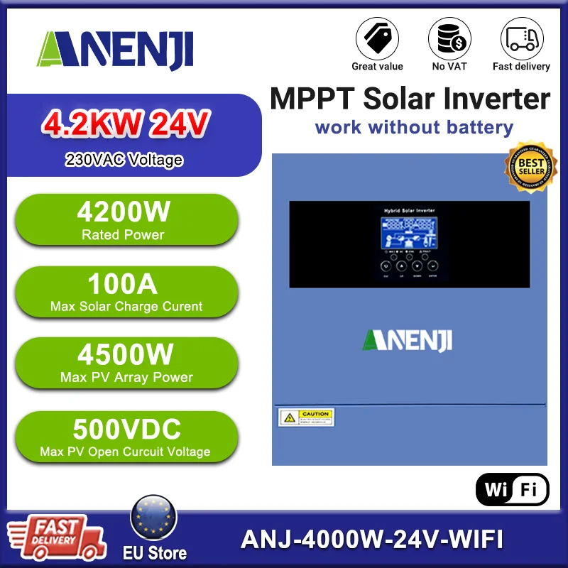 ANENJI 4KW onduleur solaire hybride MPPT onde sinusoïdale Pure 24V 230V hors réseau onduleur 100A MPPT contrôleur avec WIFI PV 60-500VDC
