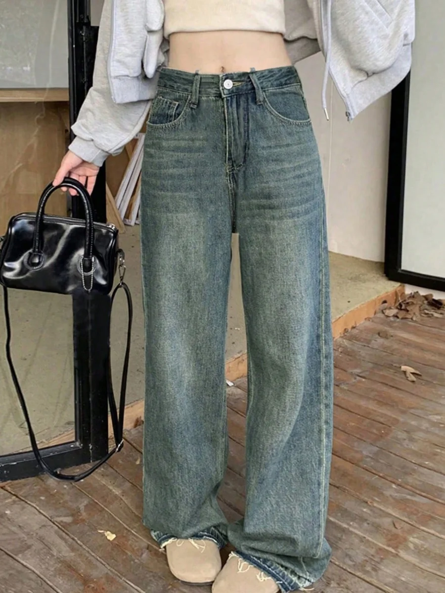 

Retro American Waed Frayed Hem Wide Leg Long Pants High Waist Loose Straight Denim Jeans Women Summer Faion Chic