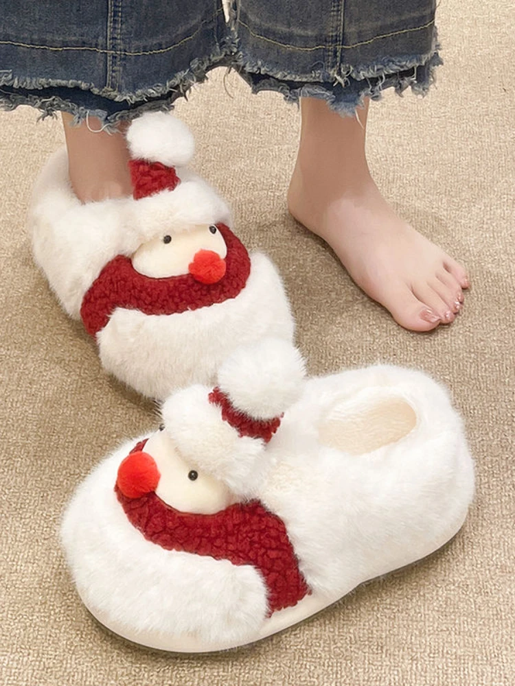 Adoráveis chinelos de algodão para mulheres boneco de neve, sapatos antiderrapantes para Natal, fundo grosso feminino, sapatos quentes de desenhos animados, moda outono, novo