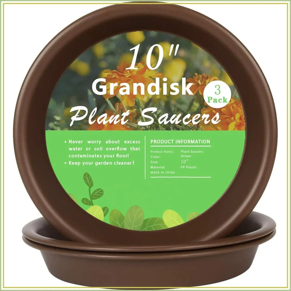 

10-Inch Heavy-Duty Plastic Plant Saucers, 3-Pack, Brown - Durable & Thicker for Indoor/Outdoor Use