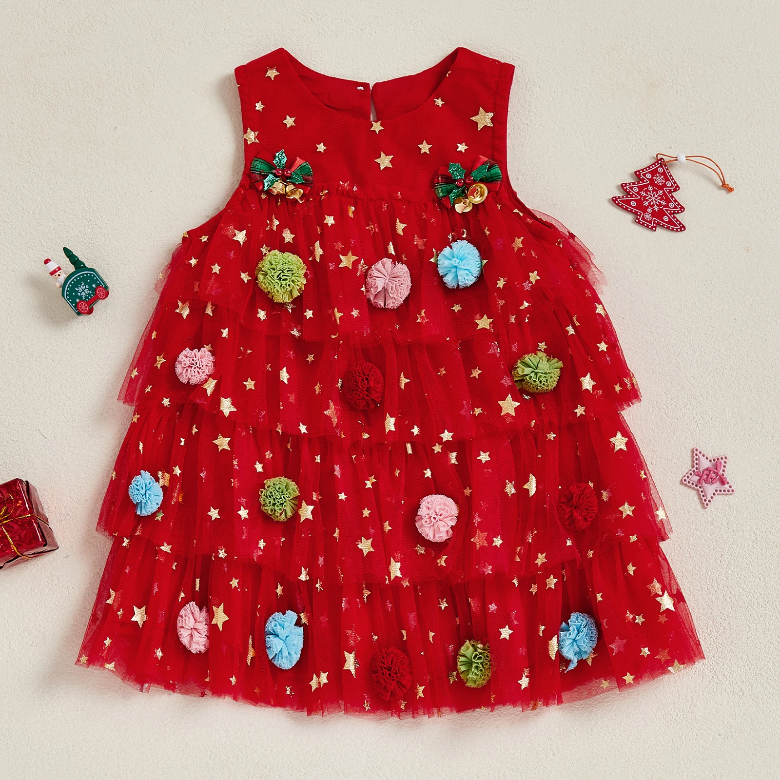 FOCUSNORM 2 ألوان عيد الميلاد الاطفال الفتيات الطبقات فستان 1-6Y بلا أكمام لامعة نجوم الدانتيل تول زي فستان الشمس مع أجراس #6