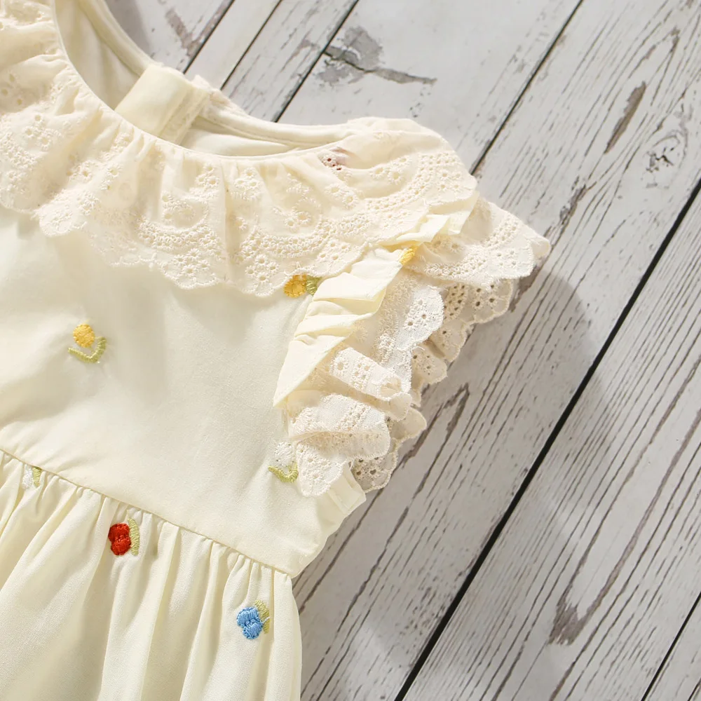 Summer Baby Girl Flower Embroidered Lace Lapel Cotton Dress Korean Princess Dress For Kids Girl