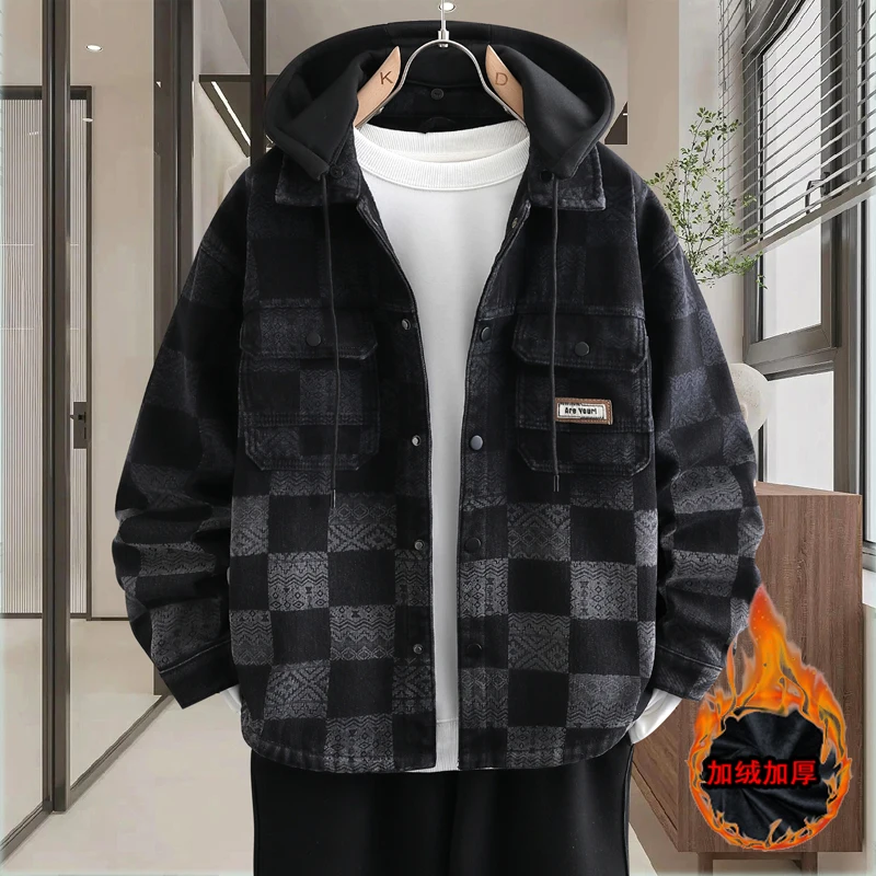 Denim jacket Men's fall/winter trend hooded coat with fleece thickening to keep warm teenage trend brand winter clothes on