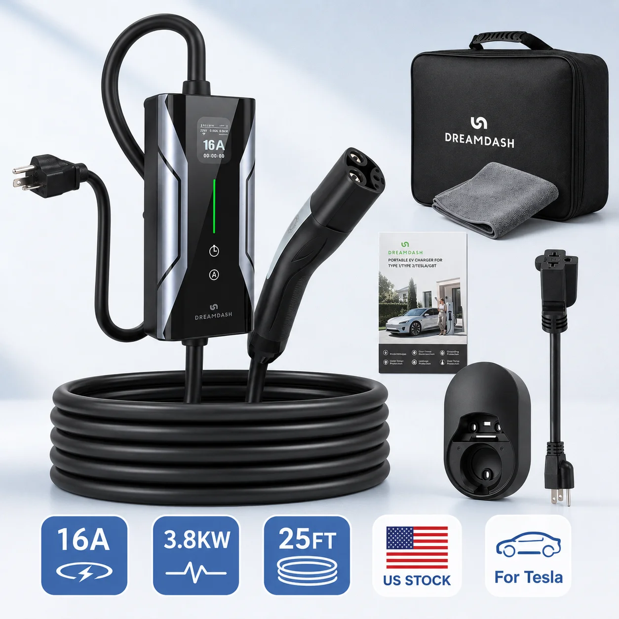 Ev Charger Adapter - DREAMDASH 16A Seviye 2 Taşınabilir Tesla