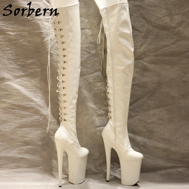 Sorbern 9Inch White Pole Dance Boots Women Stripper High Heel Long Fetish Drag Queen Boot Thick Platform Lace Up Back With Hoops