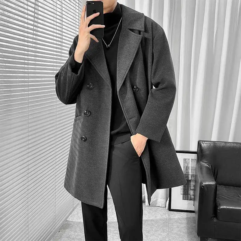 

Korean Style Pure Color Men's Long Overcoat Thickened Woolen Coat Knee-Length British Style Loose Fit Fashionable Spring Autumn