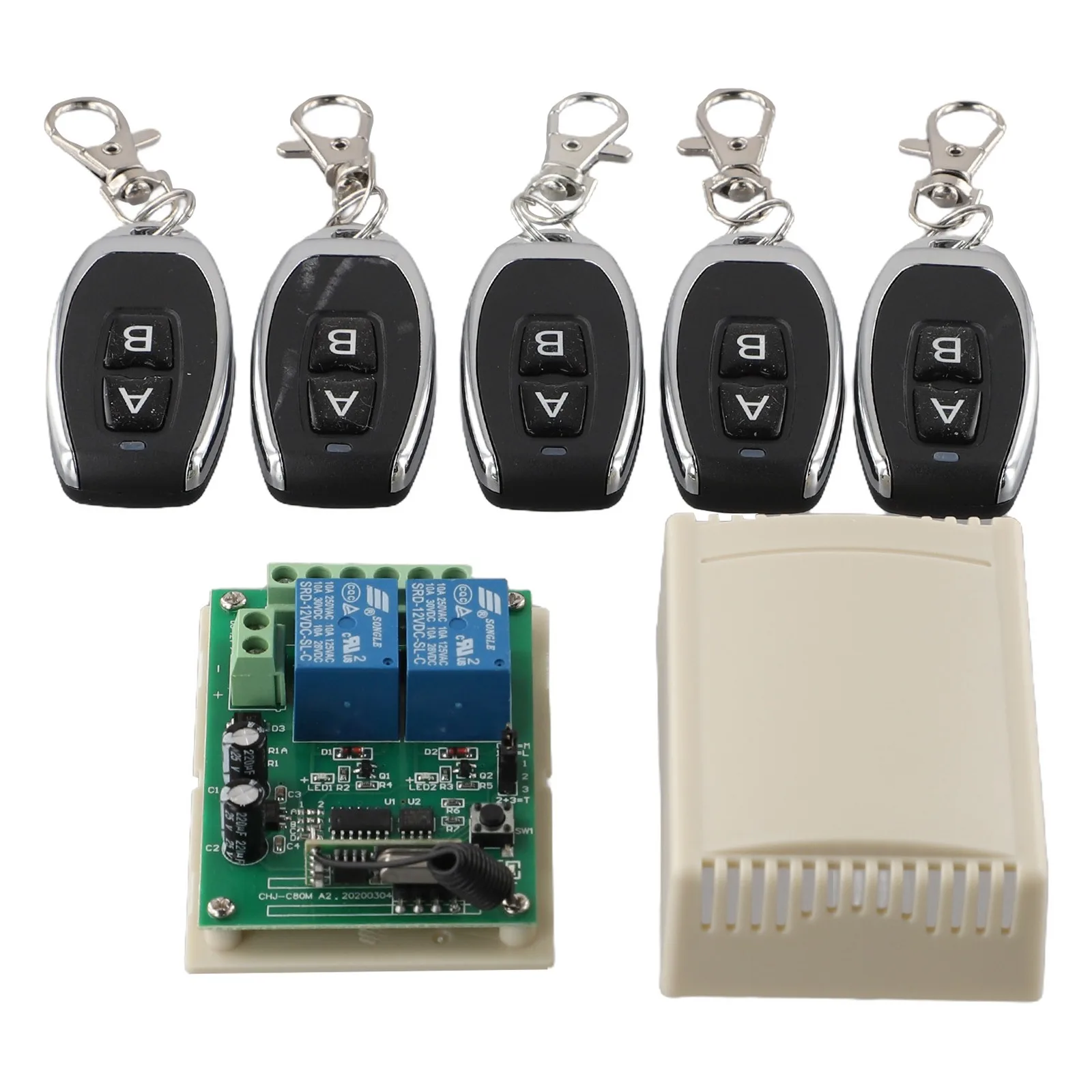 

Opener Transmitter+Receiver 2 Keys Learning code(1527) ABS DC 12V 2CH Relay Wireless Remote Control Switch Set