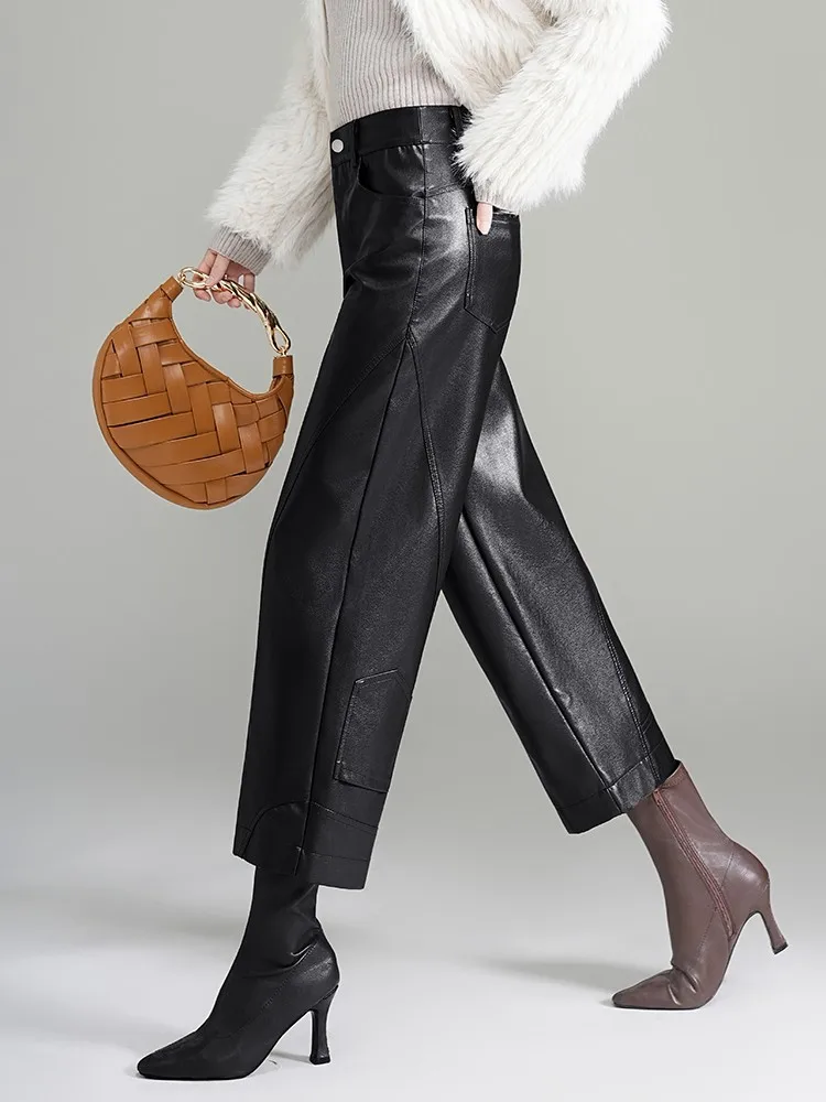 ZUZK Women PU Leather Harem Pants Bent Knife Pants New Style Fashion Autumn Winter  Ankle-Length Pants Elegant Leather Trousers