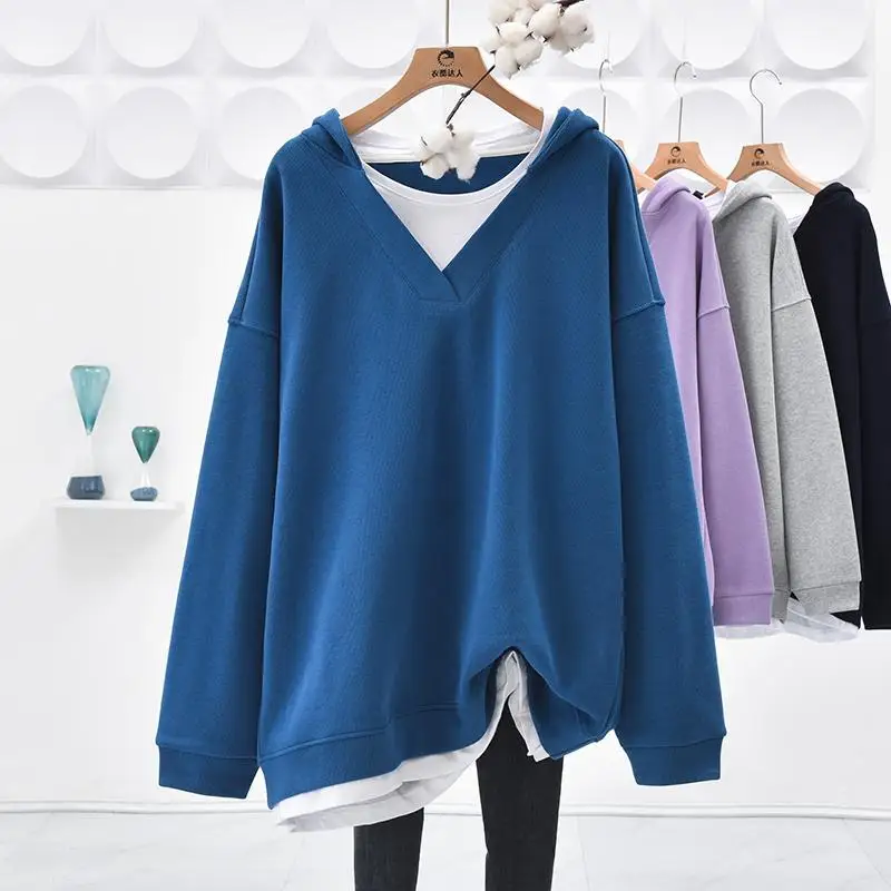 Spring Autumn Oversized Casual Solid Color Hoodies Femme Simplicity Patchwork Loose All-match Top Tee Women Clothes Sweatshirts