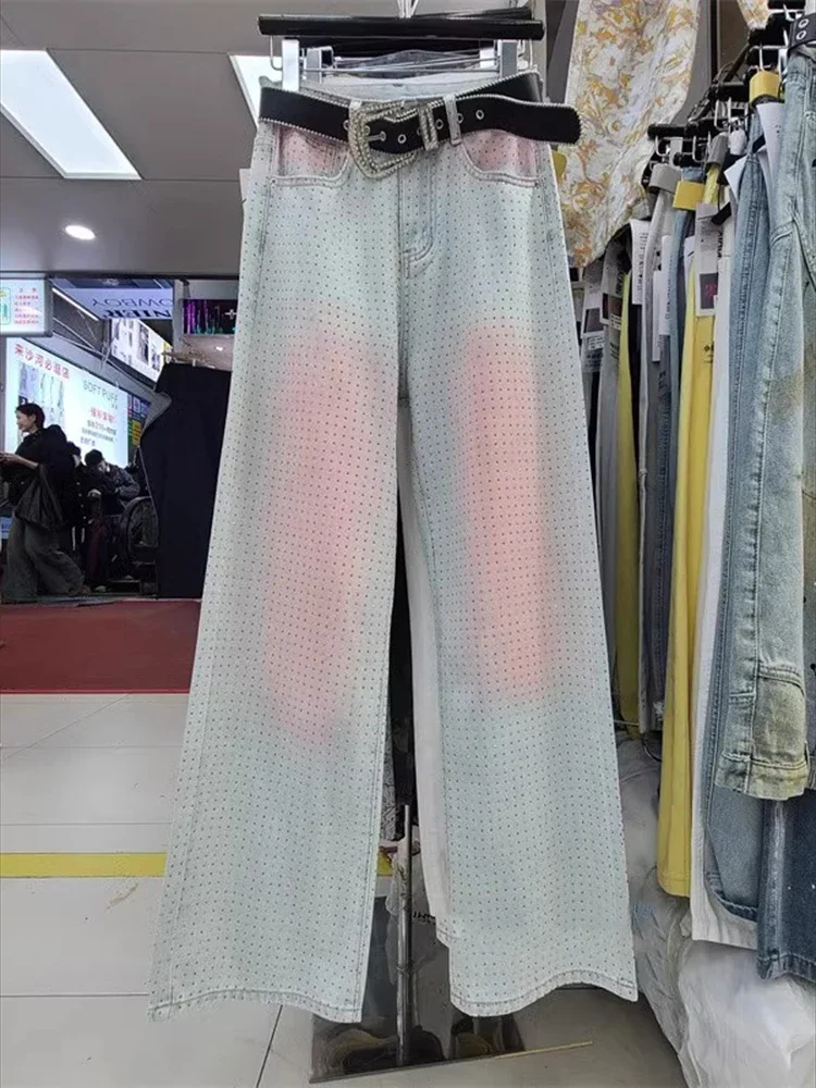 

Весна-лето 2024, новый уникальный дизайн, пудровые румяна с бриллиантами, женские повседневные модные прямые джинсы с высокой талией