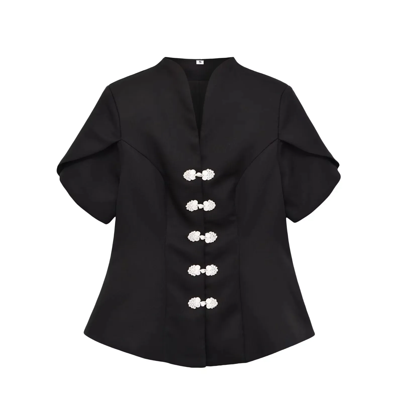 European and American style 2026 autumn new vintage elegant simple fashion slim-fitting button-up short-sleeved stand-collar top