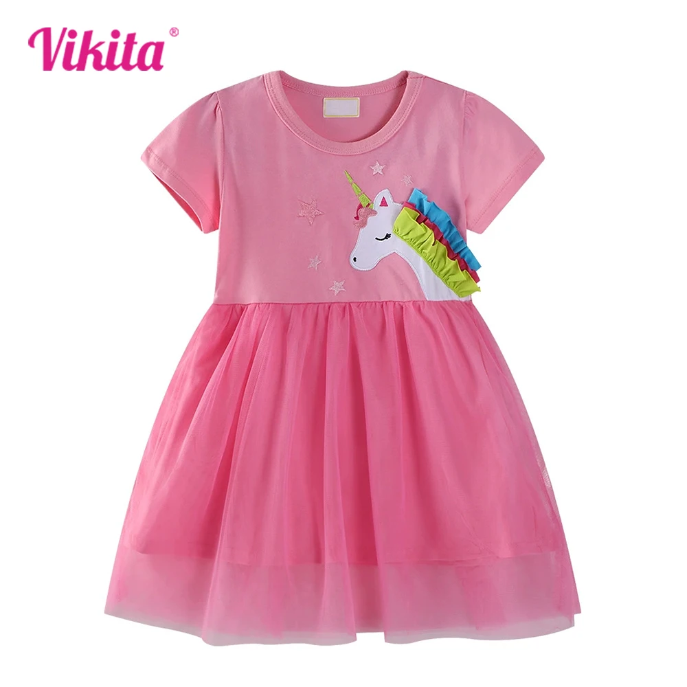 VIKITA Girls Pink Unicorn Summer Dress Kids Mesh Short Sleeve Tulle Dress Party Fashion Princess Tutu Dresses Kids Clothing 3-7Y