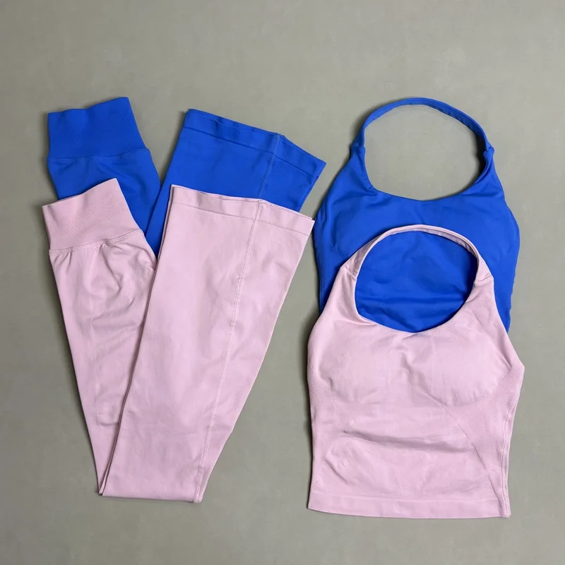 2-teiliges Fitness-Set für Damen: Nahtloses Gym-Haltertop und Hüftliftende Schlaghose für Yoga, Laufen und Workout – Detail 12