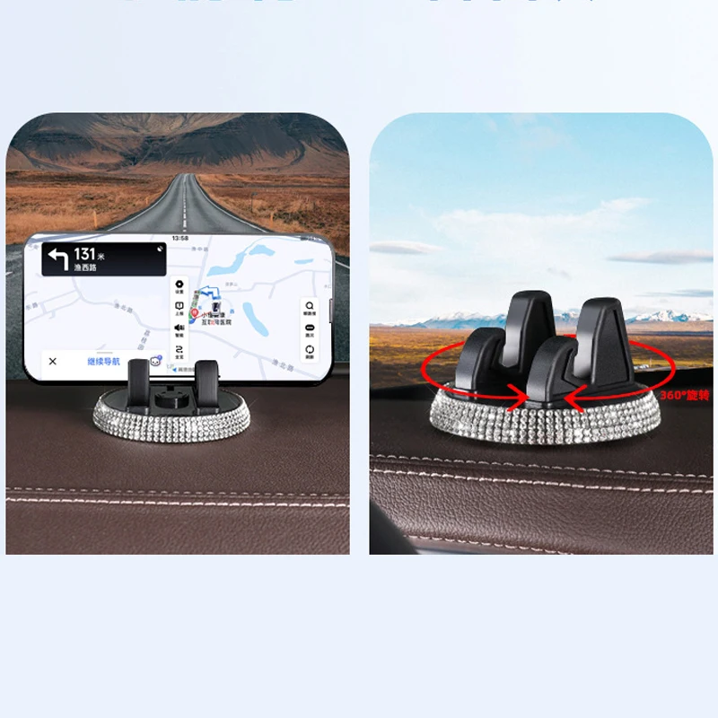 ผู้ถือโทรศัพท์รถยนต์หรูหรา Universal อุปกรณ์ตกแต่งภายในรถยนต์ Rhinestones Rotatable Car Navigator Bracket สําหรับผู้หญิง