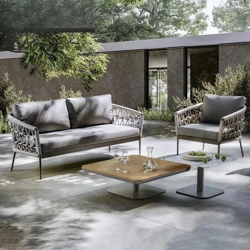 Nordic outdoor rattan sofa furniture combination courtyard garden leisure balcony coffee table slate waterproof rattan