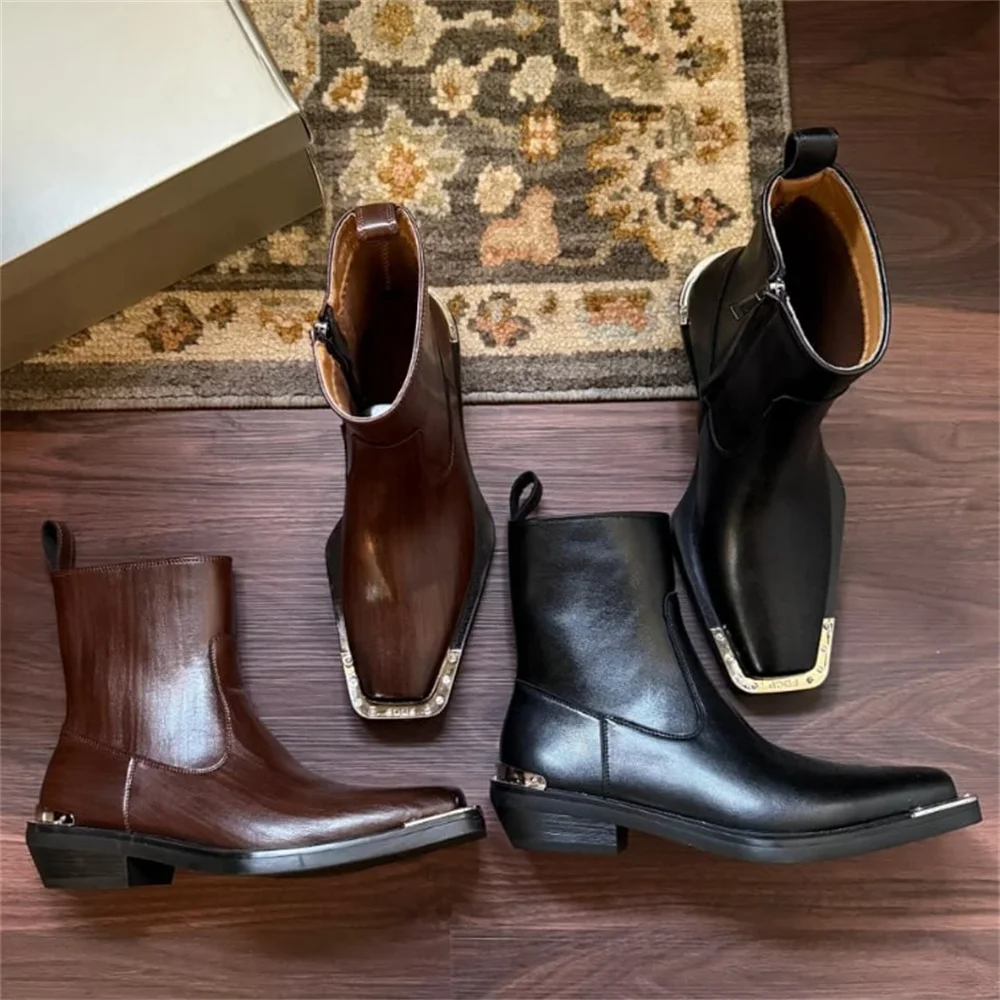 High Top Casual Chelsea Boots for Men Trendy Square Toe High-Heeled Iron Toe Side Zipper British Style Solid Color Short Boot
