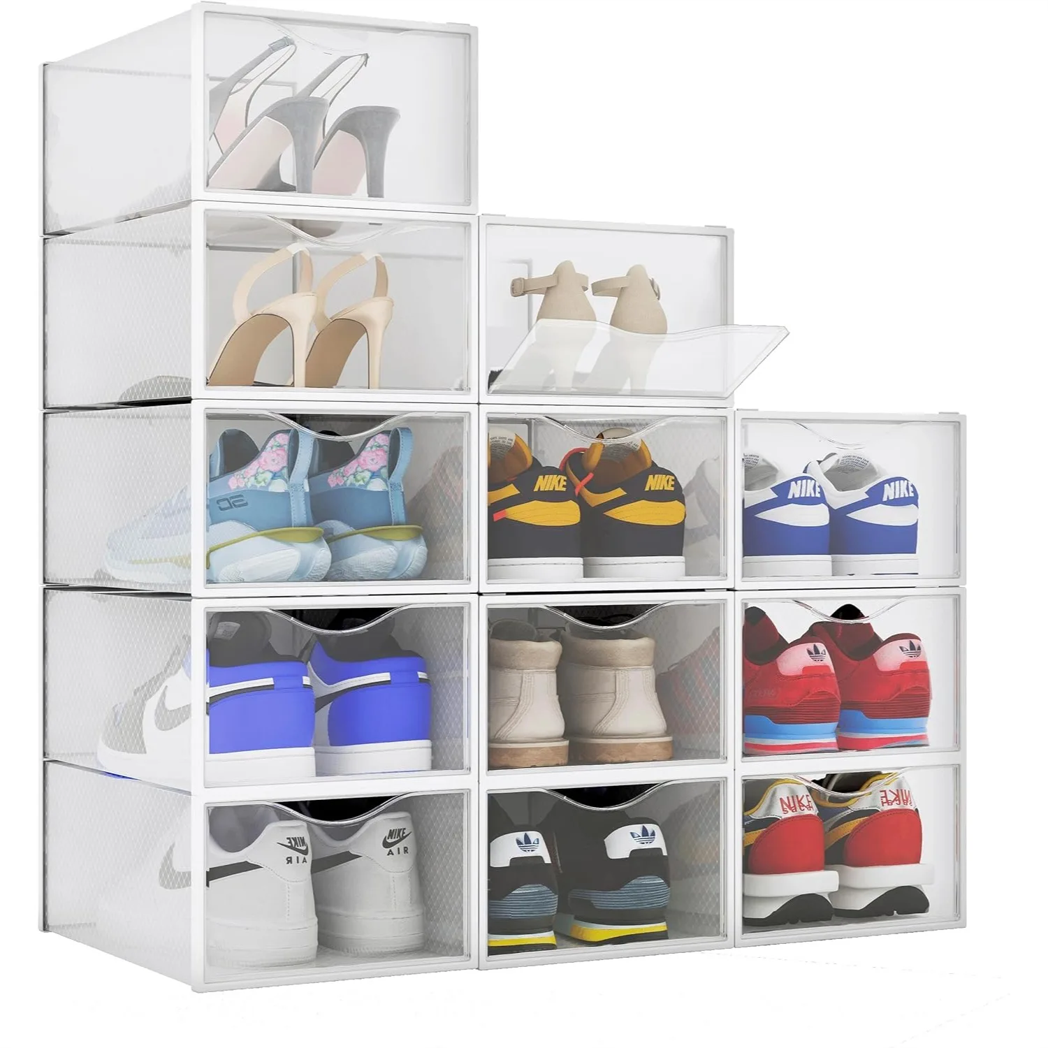 

Plastic Stackable Shoe Box Set 12-Pack, Clear Foldable Shoe Storage Container with Front Open Door for Sneakers, Heels, and