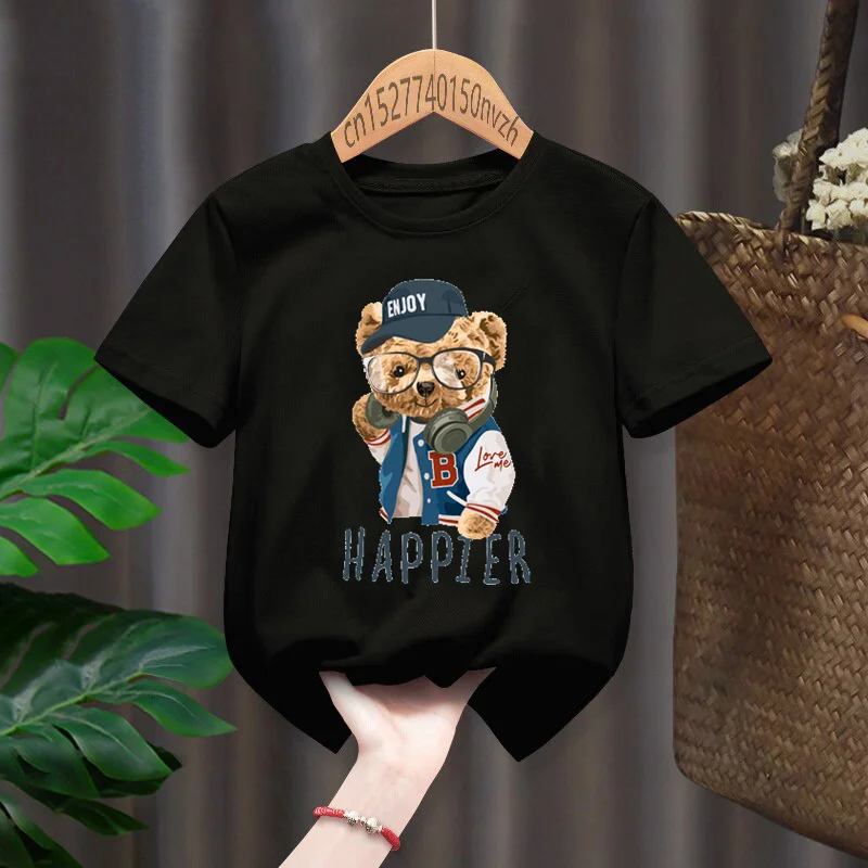 Funny Bear Happier Print Red Kid T-shirts Children Baby Black Harajuku Kawaii Clothes Boy Girl Tops Gift Present ,Drop Ship