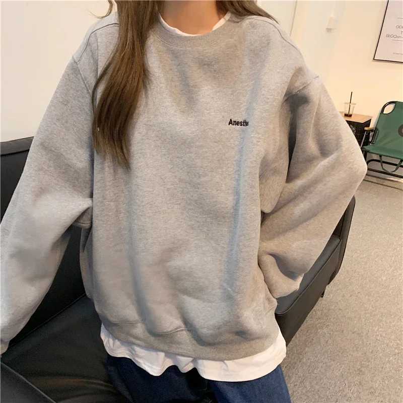 Orange Gray Sweatshirt Women M-XL Fake Two Piece Oversized Hoodie Female Loose Korean Fleece Letter Embroidery 2024 Streetwear