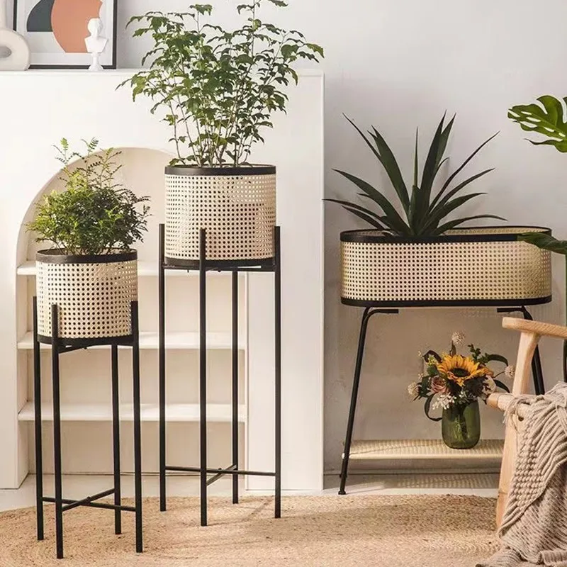 Modern Minimalist Imitation Rattan Plant Stand Floor Iron Flower Rack Living Room Balcony Home Decor