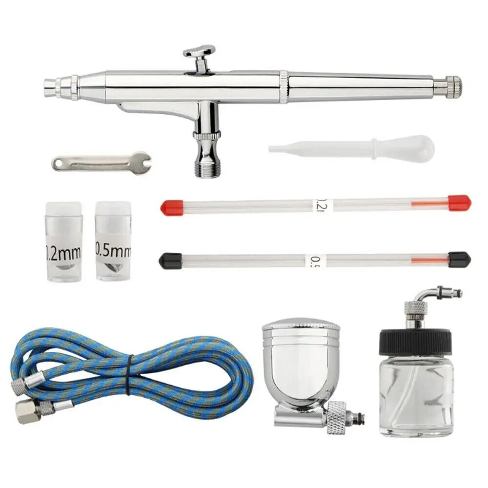 Portable Dual Action Airbrush Air Compressor Kit 0.2mm 0.3mm 0.5mm Needles & Nozzles Craft Cake Paint Art Spray Gun Set
