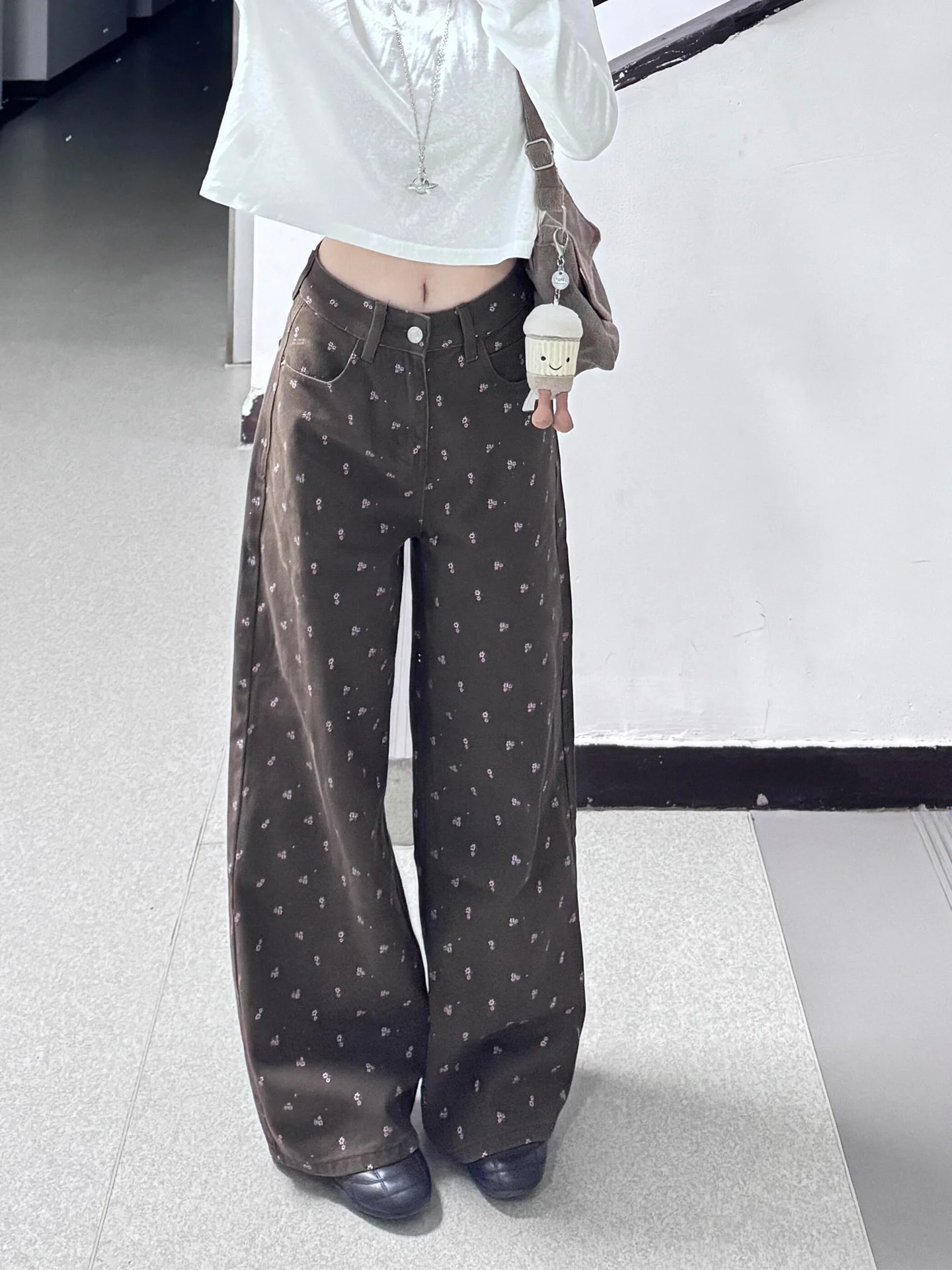 

American Style Summer New Lazy Style Slimming Floral Cinnamon Wide Leg Jeans Women's Floor Length Vintage High Waist Denim Pants