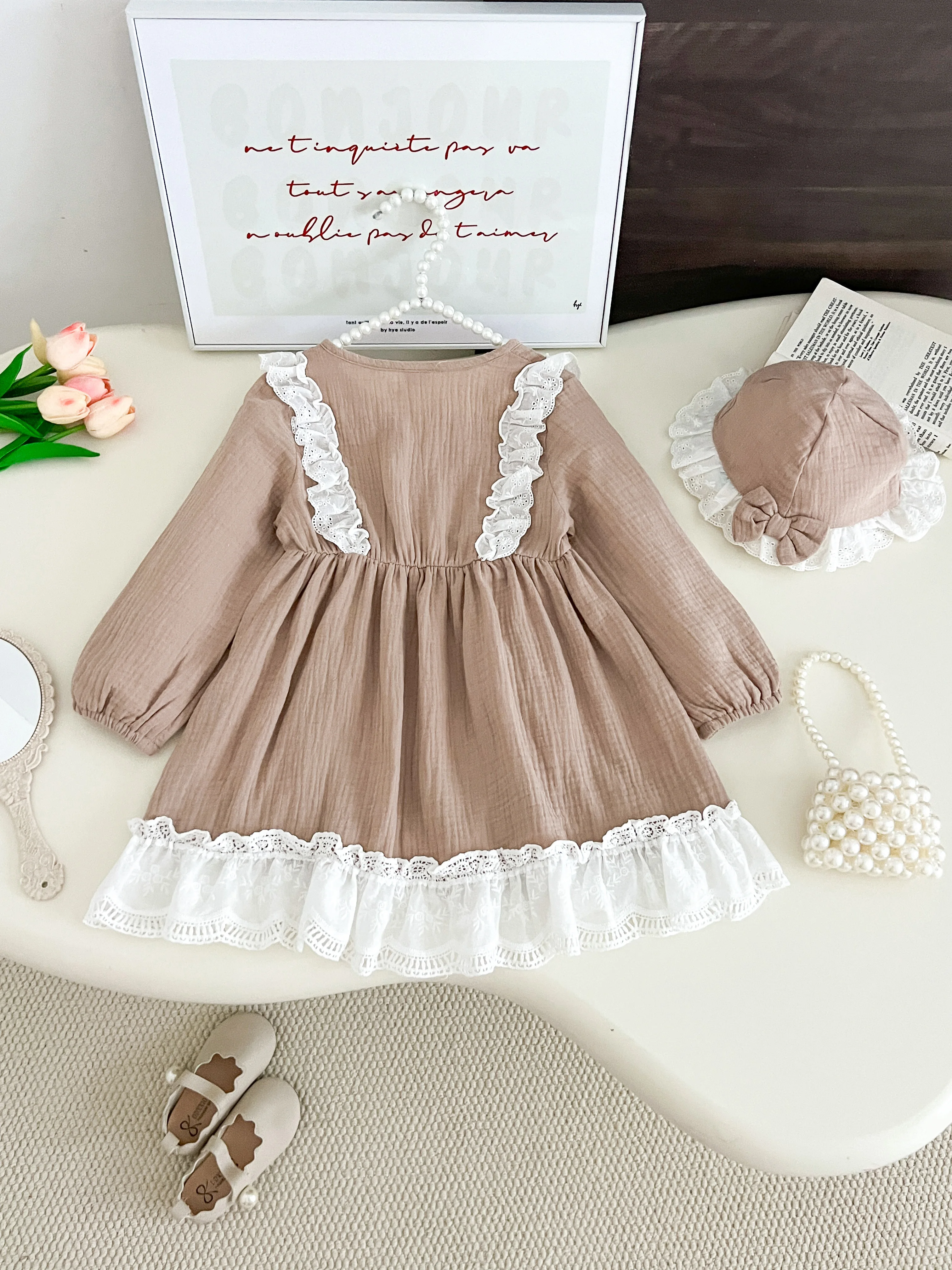 2Pcs Baby Girl Lace Ruffle Dress Toddler Infant Autumn Casual A‑Line Princess Dress 0-4 Years Old Kids Sweet Daily Party Outfit
