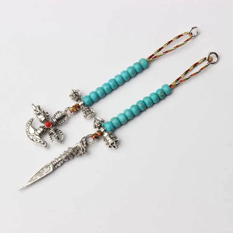 

Tibetan Silver Side Hanging Counter Pendant Turquoise Handmade Tassel Buddhist Beads Wenwan Versatile Unisex Superb Daily Gift