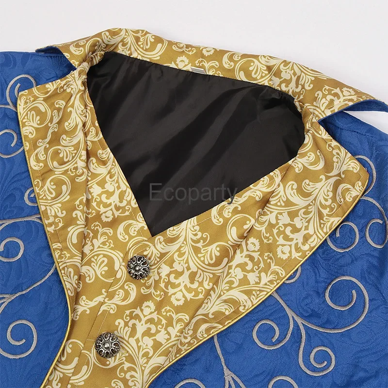 Mens Medieval Victorian Tuxedo Jacket Blue Jacquard Fabric Steampunk Prince Cosplay Costume Halloween Party Renaissance Overcoat