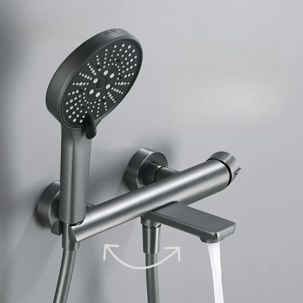 Light luxury gun gray extended bathtub side faucet hot and cold water mixing valve brass with spray gun shower