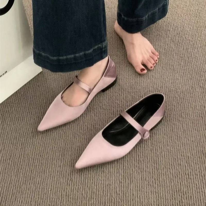 Mary Jane Shoes Retro Shallow Flat Single Shoes 2023 Summer New Pointed Toe Low Heel Women\'s Shoes Solid Casual Women Moccassin