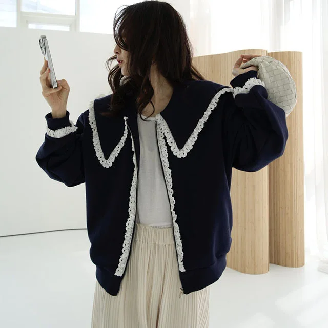 Fashionable Patchwork Large Collar Design Sweatshirt Jacket Women's All-Match Warm Long Sleeve Outerwear Straight Body Type