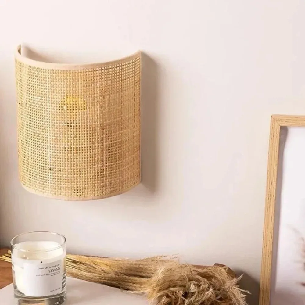 JOYINLED Rural Style Rattan Wall Lamp Simple Shade Surface Mounting Light for Living Room Corridor Bedroom Dia.20 Led Lighting