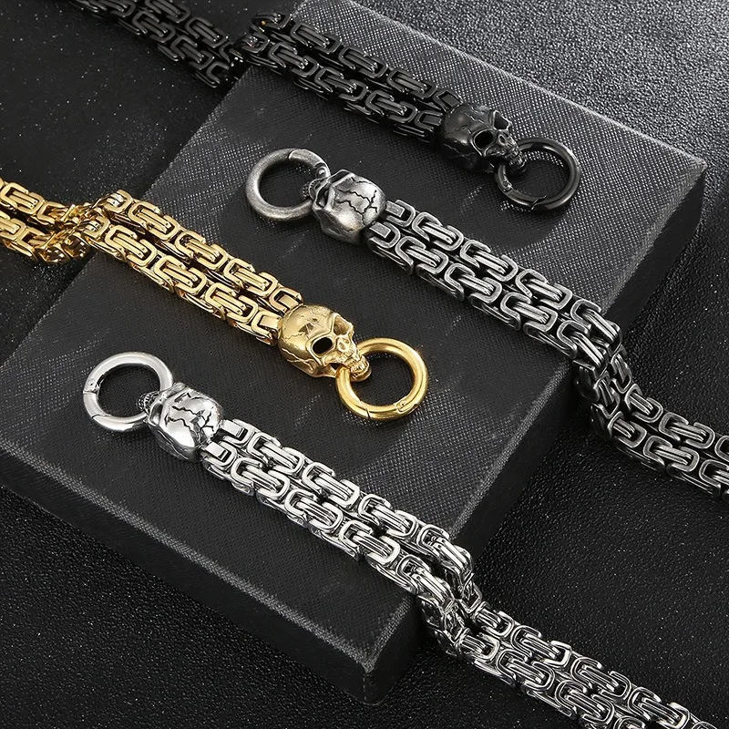 Vintage Skull Bracelet, Vacuum Plated Double Emperor Chain, Patterned Skull Design, Titanium Steel Retro Street Fashion Wrist