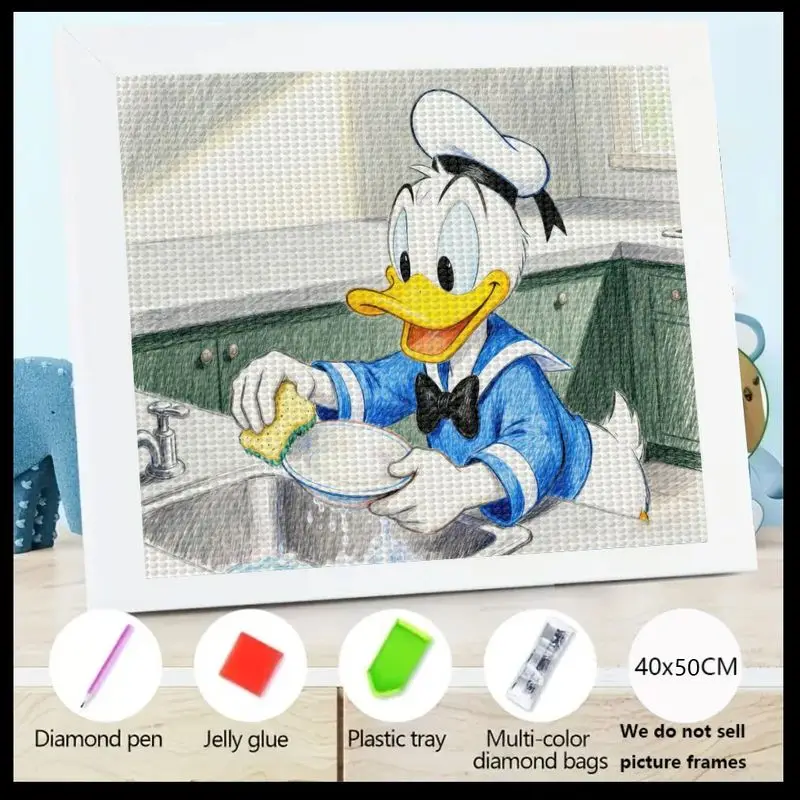 

5D DIY Donald Duck Diamond Painting Kit, Full Drill Crystal Rhinestone Art Featuring Cartoon Character Washing Dishes, 40x50CM M