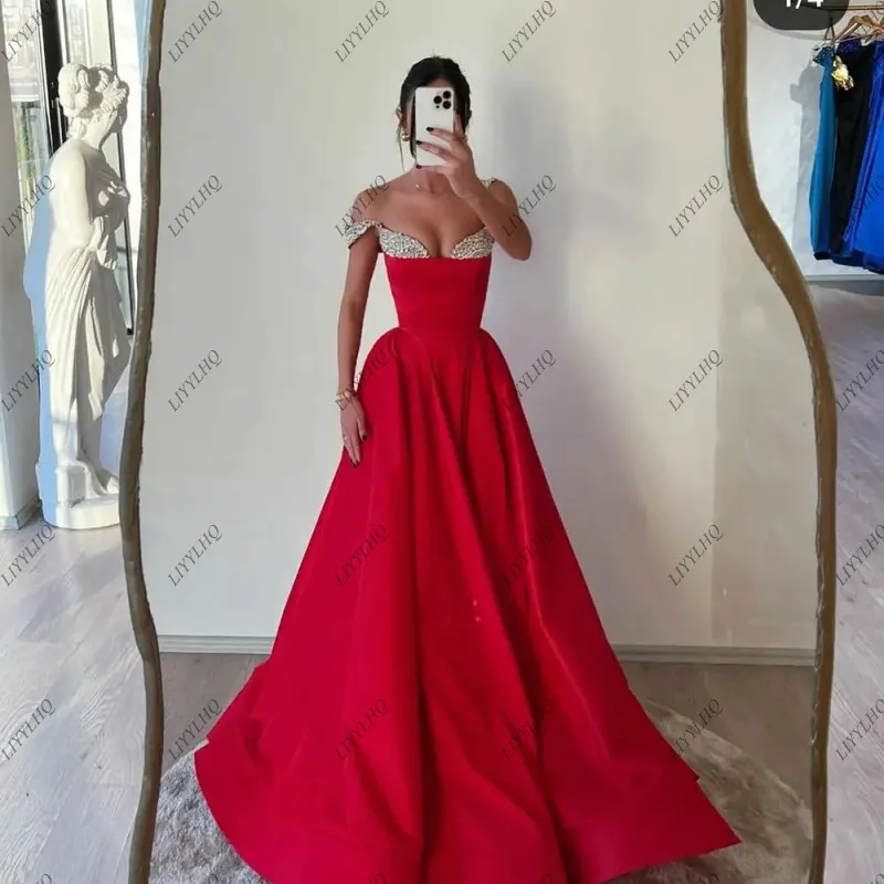 LIYYLHQ Red Evening Dresses For Elegant Women Off Shoulder Crystal Formal Gown Satin Graduation Special Occasion Dress Custom